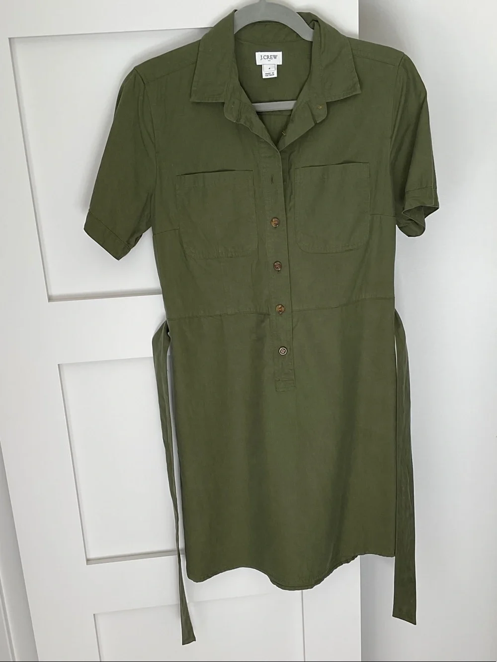 J. Crew Olive Green Short-Sleeve Shirt Dress with Waist Tie